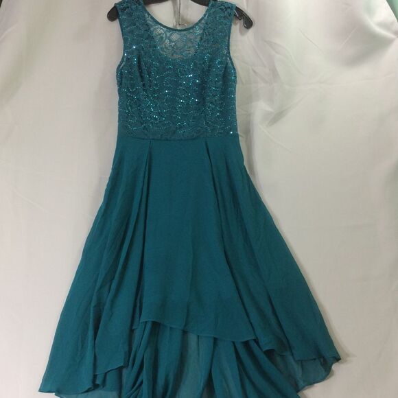 Berylove Hi Lo Lace Top Chiffon Dress Teal Green NO BELT Size M Deep V Back - Picture 4 of 8